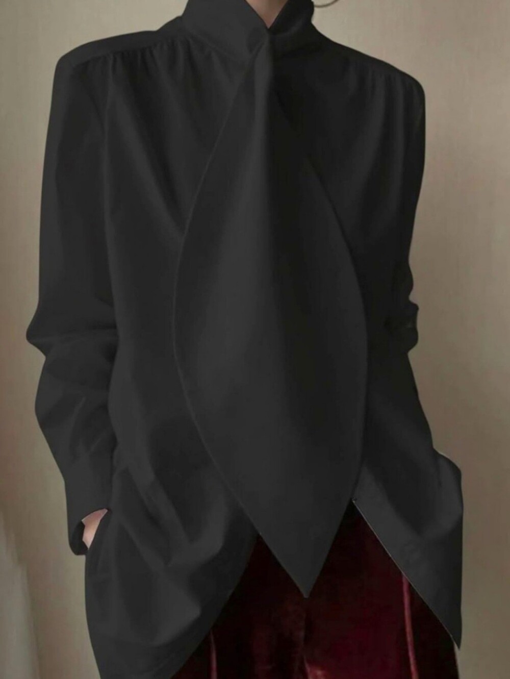 UOOZEE Elegant Black Long-Sleeve Draped Top - Women's Tee Tie Neck Blouse Dressy